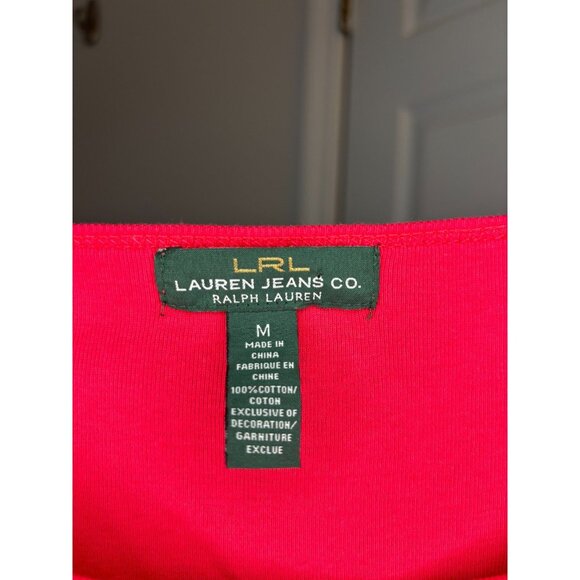LRL Lauren Jeans Co Short Slv Top Womens M Red Nautical Stretch Criss Cross Rope - Picture 7 of 7